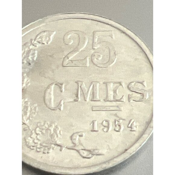 Vintage 1954 Luxembourg 25 Centimes Coin Floral Design Coat Of Arms Currency - Picture 3 of 3